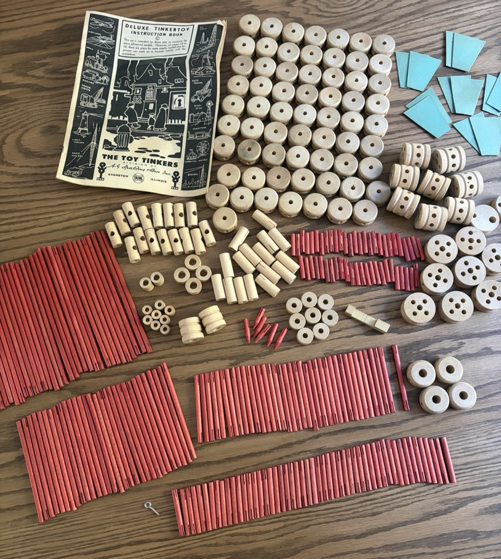 Vintage 1940s Tinkertoy Set Made In USA with Original Instructions Wooden Toy